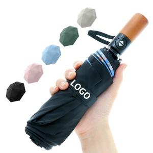 Large <b>Windproof</b> Modern Straight 3-Folding <b>Umbrella</b> Cover Bag Semi-Automatic Wood Handle Customizable Business Gifts Black - Product Image 1