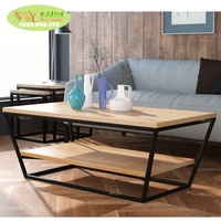 Table basse moderne à double plateau en bois massif de chêne/table d'appoint en fer forgé pour salon