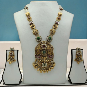 Antique Gold Temple Style Multi Strand <b>Beaded</b> Necklace <b>Set</b> with Heavy Lakshmi Pendant and Matching Earrings - Product Image 3