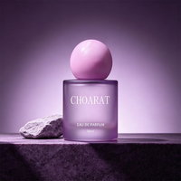 Nouvelle conception, flacon de parfum en verre de luxe personnalisé, rond, coloré, violet, 30 ml, 50 ml, 100 ml, avec vaporisateur à pompe