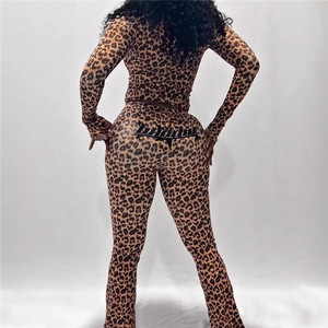 レオパード柄プリントスポーツ2ピースセット レディース 長袖フーディートップス＆パンツセット 2026 セクシー ストリートトラックスーツ - Product Image 3