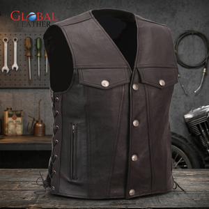 <b>Men's</b> <b>Slim</b> Fit High Quality Leather <b>Vest</b> Custom Size New Design Solid Outer Wear Casual Motorbike Waterproof Breathable Zipper - Product Image 1