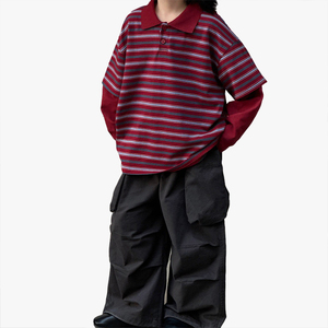 Camiseta Casual sin Mangas con Cuello Polo a Rayas y Bloques de Color Estilo Japonés para Niñas, Novedad de Otoño, Top Holgado de Manga Corta a la Moda - Product Image 6