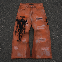 DiZNEW Jeans graphiques personnalisés pour hommes, style streetwear, motif Cybersigilism, délavé à l'acide orange, coupe baggy à jambe large, denim gothique Wasteland