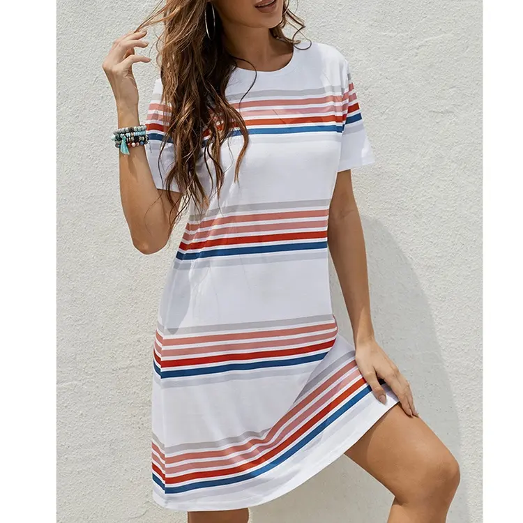 Tập Luyện Thiết Kế Mới Mùa Hè Váy Giản Dị Thời Trang Sọc T Shirt Dress Cho Phụ Nữ