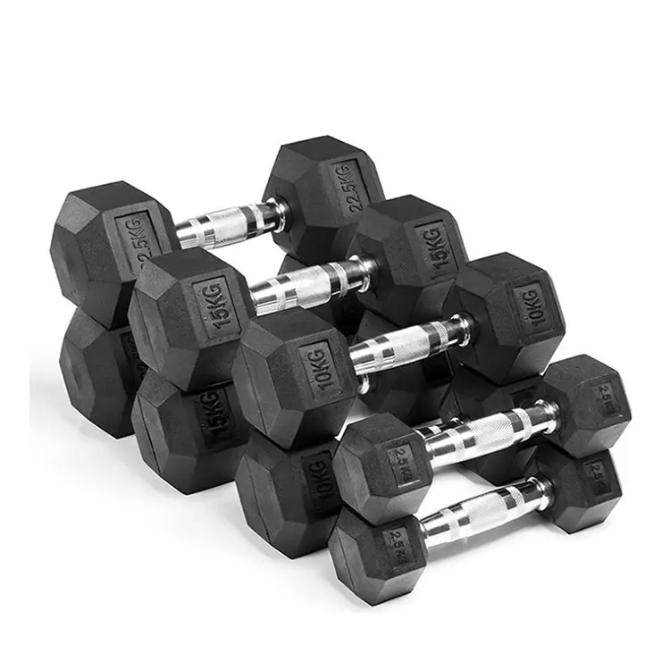 OEM Harga Pabrik Peralatan Gym Angkat Berat Badan Dilapisi Karet Dumbbell Hex