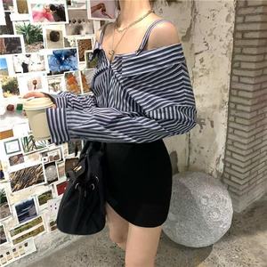 Off Shoulder Striped Shirt High Waist Bodycon <b>Skirt</b> Women's 2025 New Style <b>Patchwork</b> Long Sleeve Dress - Product Image 4