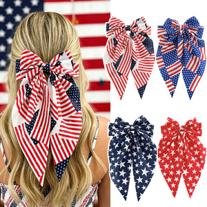 Pinza para el pelo con lazo grande y estampado de bandera americana, cinta larga flotante, pasador de resorte, accesorio para el pelo para mujer para el Día de la Independencia - Product Image 1