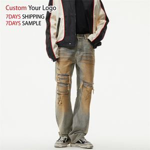 Vaqueros de mezclilla personalizados de estilo urbano vintage, ligeros, casuales, de pierna ancha, de alta calidad, de corte recto, de diseñador, desgastados, holgados y rasgados para hombre. - Product Image 1