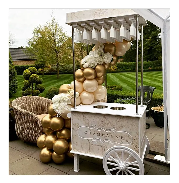 Gran oferta de carrito de cumpleaños de PVC, fabricante de carrito de champán para eventos de fiesta para decoración de bodas con la palabra champán