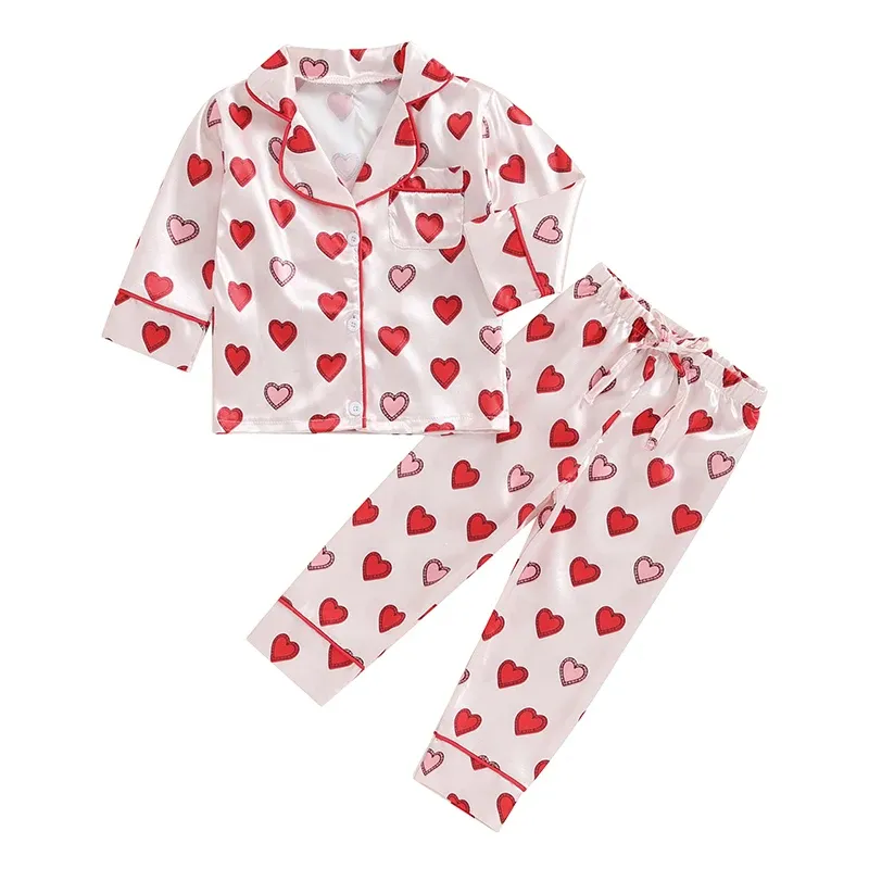2024 2 pièces bébé fille saint valentin pyjamas salon porter ensemble Satin soie coeur imprimer enfant en bas âge enfants pyjama ensemble pour la saint valentin