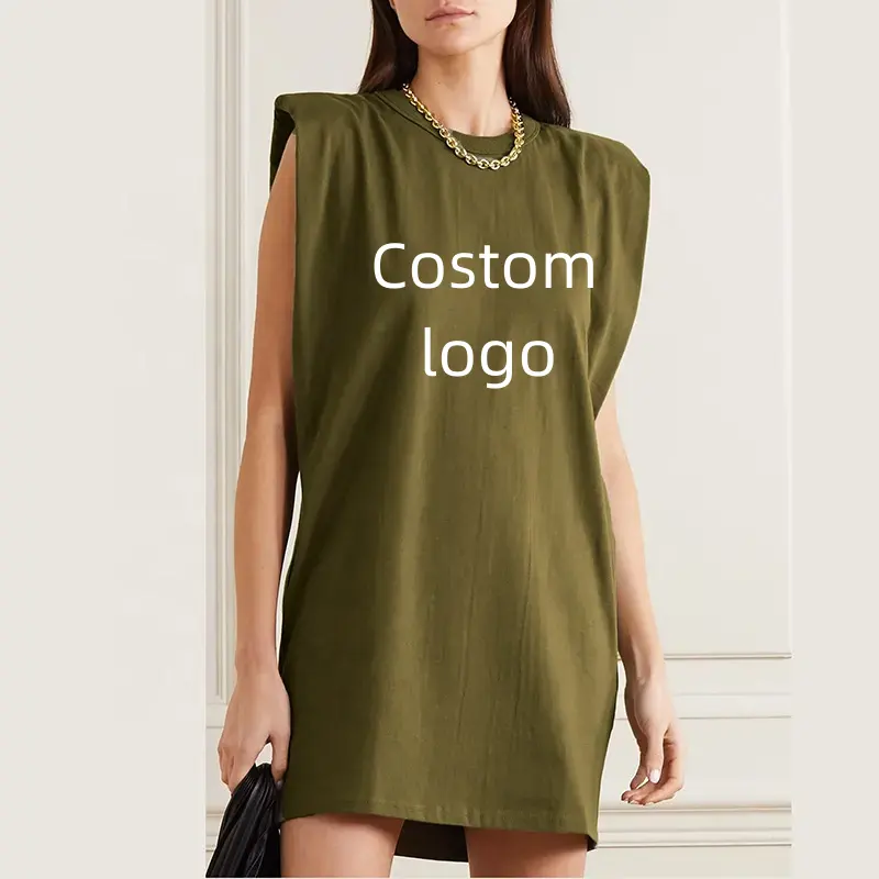 Custom Cotton Women T-shirt Sleeveless Shoulder Pads Women's Extended T-shirt Blank Long T-shirt Dress Streetwear Knitted