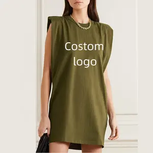 Custom Cotton Women T-shirt Sleeveless Shoulder Pads Women&#39;s Extended T-shirt Blank Long T-shirt Dress Streetwear Knitted