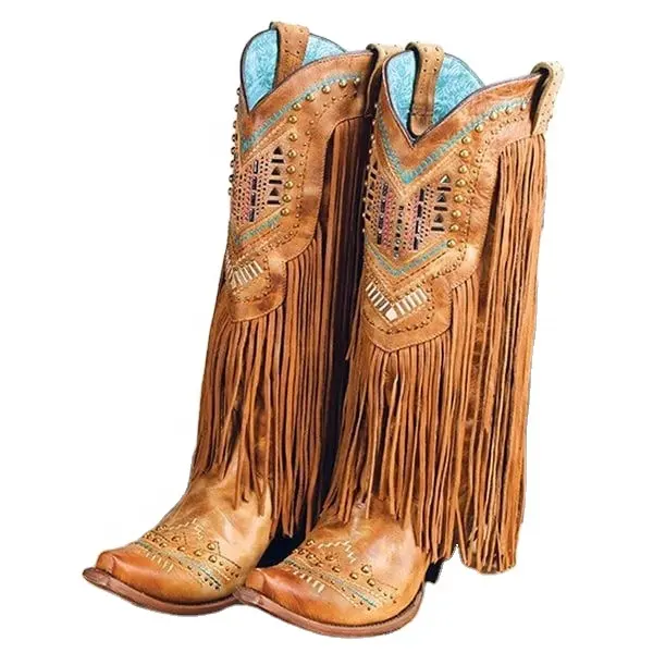 Vintage embroidered leather western cowgirl ladies boots fringe women long boots shoes for girls