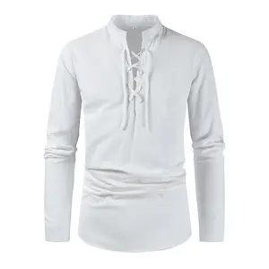 Men's European and American New Loose Standing Neck Cotton Linen Long Sleeve Lace Up Shirt