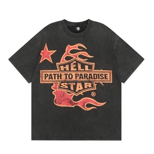 T-shirt tendance USA style Hell Star rétro imprimé pour hommes et femmes, décontracté, en pur coton lavé, à manches courtes, respirant - Product Image 6