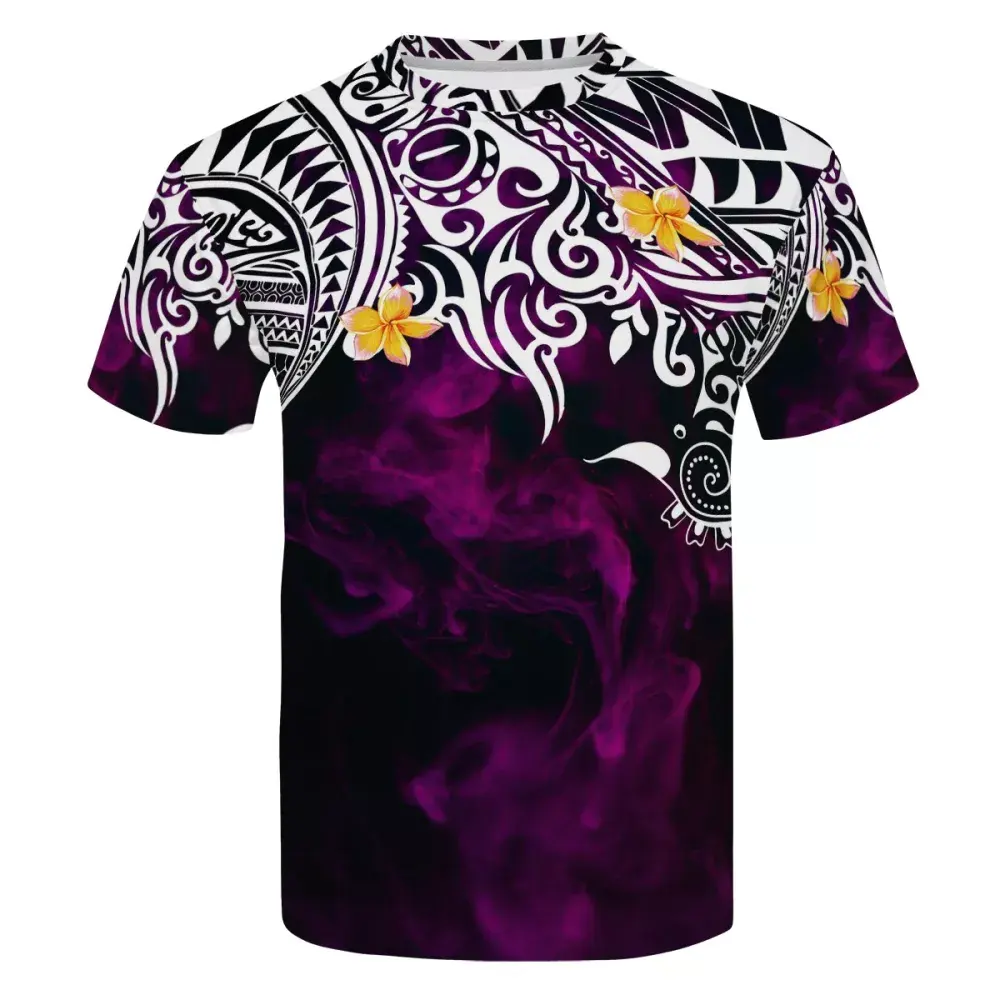 T-shirt à col rond pour hommes, design tribal en polycélébration, de haute qualité, personnalisé, violet et blanc, 2021