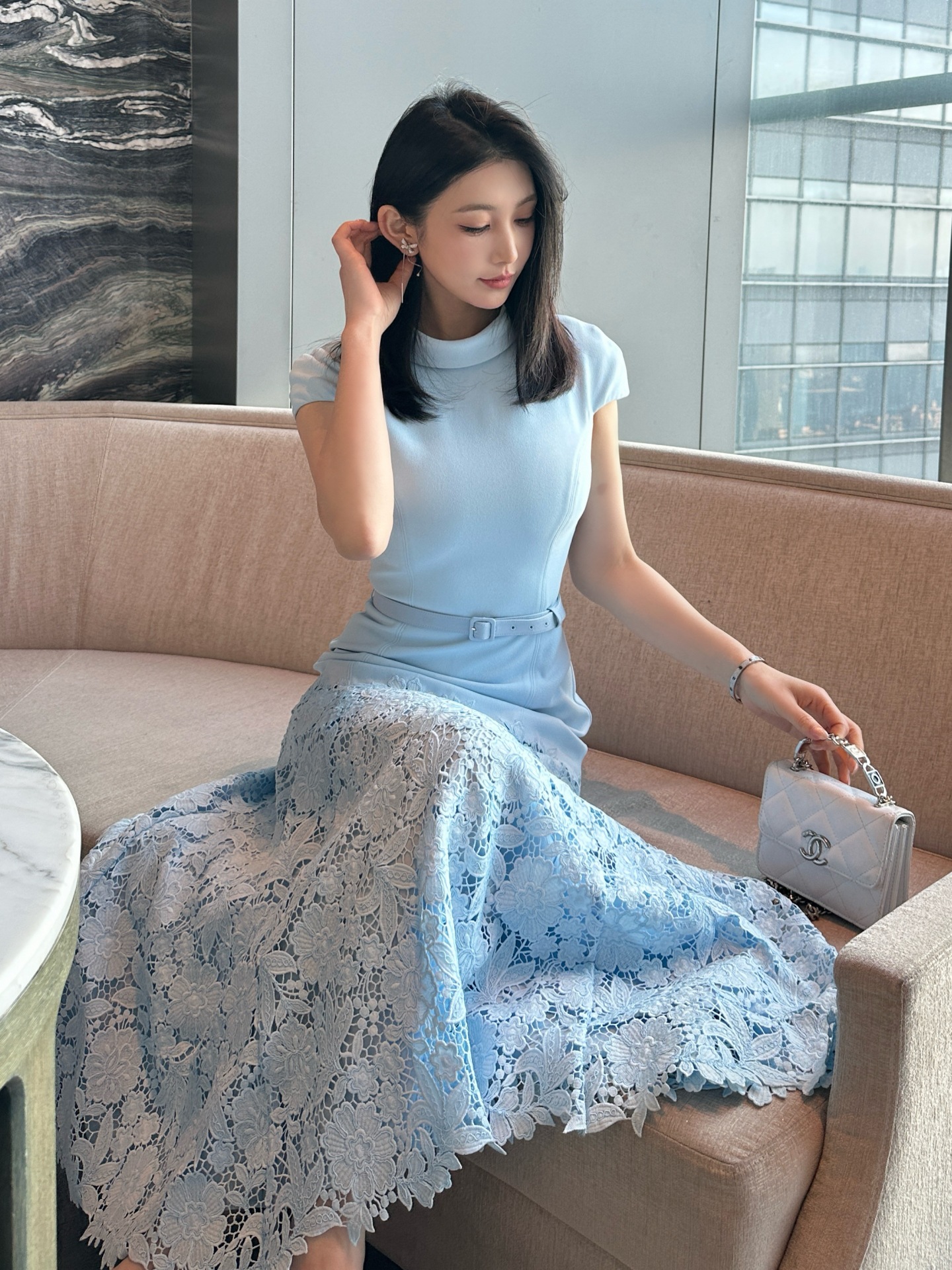 chinese dress ladies Barely There Lace Dress Blue
