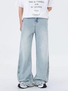 2025 verano americano hombres mujeres Casual sólido cimitarra azul claro lavado Jeans Pinch deconstruido pantalones de pierna ancha pantalones vaqueros sueltos - Product Image 2