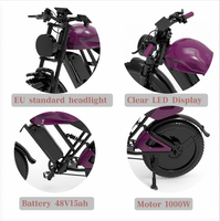 Vélo électrique à pneus larges de 20 pouces, violet, 1000W, 48V, 25Ah, batterie amovible, suspension intégrale, éclairage LED étanche pour adultes