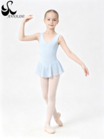 Traje de Ballet Anna Shi Azul Claro sin Mangas con Cuello en V y Falda de Gasa para Niñas, Ideal para Clases de Danza y Entrenamiento