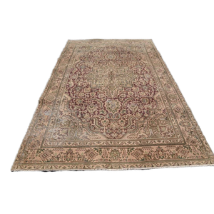 พรมตุรกีโบราณแบบตะวันออกขนาด6.4x9.6ฟุตสีเบจสีแดงงานเย็บปะวัสดุขนสัตว์ยางพาราสำหรับตกแต่งห้องนั่งเล่น - Product Image 1