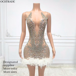 Ocstrade 2025 Abito da Festa <span class=keywords><strong>con</strong></span> Strass Scintillanti, Scollatura Profonda Senza Maniche, Cristalli Trasparenti, Corto e Sexy <span class=keywords><strong>con</strong></span> <span class=keywords><strong>Piume</strong></span> per Compleanno - Product Image 1
