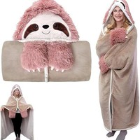 Couverture-cape à capuche portable transfrontalière, best-seller en stock, avec broderie animale de dessin animé, en flanelle double face
