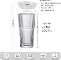 Offre Spéciale – Gobelet en Verre Moderne de Luxe à Parois Épaissies et Isolées, 20oz/15oz, Transparent à Rayures Verticales, avec Couvercle et Paille, Idéal pour Thé au Lait et Boissons