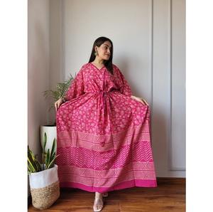 Caftán de algodón estampado a mano, vestido informal holgado de verano para mujer, perfecto para vacaciones en la playa, descansar o estar en casa. - Product Image 6