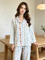 Pyjama en pur coton pour femme, col rabattu, manches longues, en polaire fine, respirant, style luxueux et mignon, printemps/automne