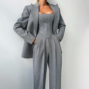 Setelan Wanita <span class=keywords><strong>3</strong></span> Potong: Blazer Lengan Panjang Elegan, Atasan Fishbone, Celana Panjang Lebar Pinggang Tinggi, Kasual Polos - Product Image 2
