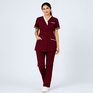 Ensemble de blouses médicales pour femmes, couleur bordeaux, manches courtes, col en V, avec poches et pantalon assorti, uniformes d'hôpital pour le personnel médical et infirmier - Product Image 1