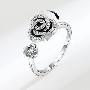 Anillo giratorio de joyería para mujer, con microincrustaciones de circonita, esmalte negro, cobre, flor rosa, estilo vintage, joyería antiestrés unisex - Product Image 2