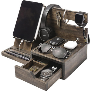 Wooden Desktop Organizer Phone Holder With Charging Port <b>Glasses</b> Tray Storage <b>Rack</b> Multifunctional Office Desk Stand Retro Color - Product Image 1