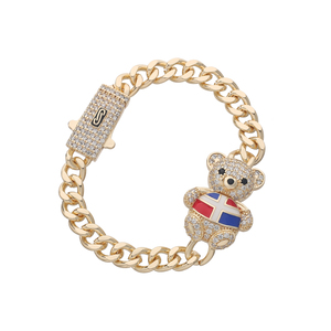 Pulsera de latón chapada en oro de 14K con diseño de oso de peluche y diamantes, estilo cubano con rayas esmaltadas, joyería hip hop para mujer - Product Image 5