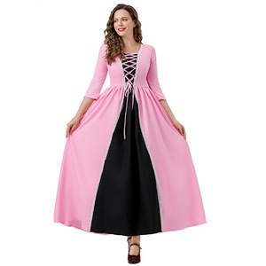 Robe de soirée rose de style médiéval pour femme, costume de princesse, déguisement de cour, bal masqué, performance scénique, manches longues, coupe longue - Product Image 5