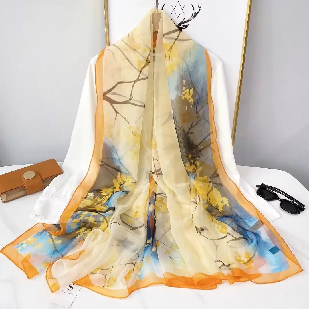 Wholesale 2024 New Designer Custom Print Chiffon Scarf 135*180cm Printed Silk Scarf for Women Long Beach Shawl