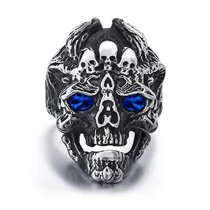 Colored Cz Inlaid Handmade Men Finger Ring, Bulk Steel Rings Mens Skulls