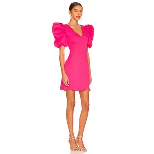 Fushia Women's Formal Dress vestidos Short Super Puff Sleeves Dress For Women