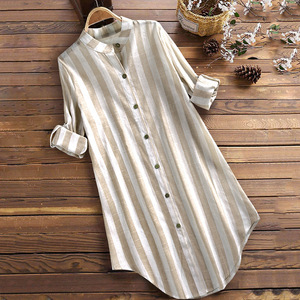 Gestreiftes Langarm-Mitteloberteil für Damen, lässige Bluse in großen Größen aus Baumwolle und Leinen - Product Image 4