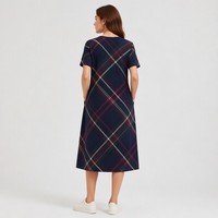 Robe midi en coton pour femme, taille naturelle, col rond, manches courtes, motif écossais, style preppy britannique, vente en gros
