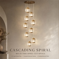 Lustre LED en verre cascade avec capuchons côtelés en laiton, lumière chaude, pour salon, salle à manger, escalier, suspension moderne de luxe en cluster