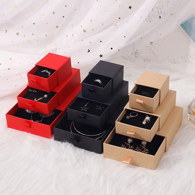 Moda basit yüzük kolye küpe çekmece tipi ambalaj kutusu destek özelleştirme siyah lüks özel takı kutu seti kağıt