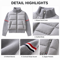 Blouson bomber hybride pour femme, corps matelassé, manches en tricot côtelé, col montant à rayures contrastées, fermeture éclair sur le devant, fournisseur de mode OEM ODM