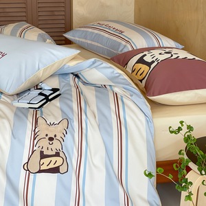 Parure de lit 4 pièces en coton 100% à rayures motif chien de dessin animé, douce et respirante, en coton à fibres longues, <span class=keywords><strong>pour</strong></span> filles - Product Image 3