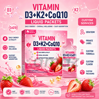 Vente en gros de sachets liquides de Vitamine D3 K2 CoQ10 au goût fraise, dose individuelle, complément alimentaire, fabrication sous contrat