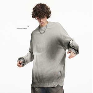 Pull en maille épaisse 425G, style vintage délavé, déchiré, col rond, style motard, streetwear neutre - Product Image 1
