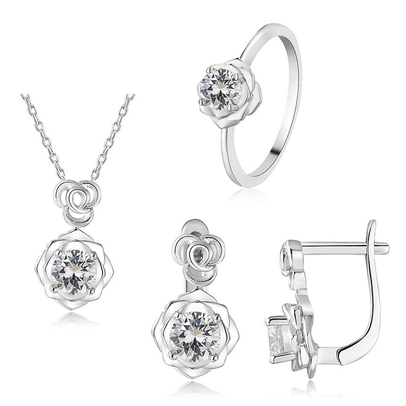 Mode micro pavé 925 fleur en argent sterling zircon mariée mariage ensemble pour les femmes