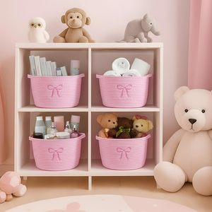 Vesici - Juego de 3 Cestas Pequeñas con Lazo Rosa, Cestas de Almacenamiento de Cuerda de Algodón Tejida, 9.7'' X 7.1'', Organizador de Ropa Sucia, Asas para Juguetes - Product Image 6